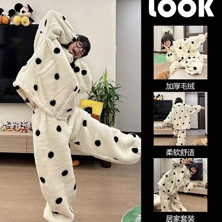 AFRESHM77【奶呼呼】波点印花冬款加绒加厚家居服套装可外穿Y0182