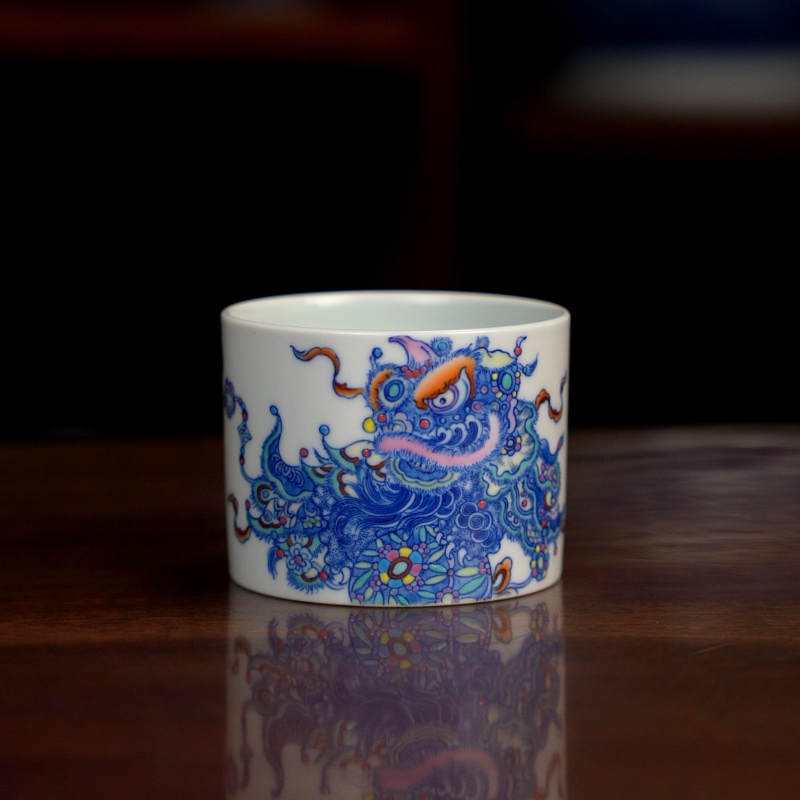 空山明月新斗彩醒狮主人杯双醒狮直口杯子手绘品茗茶具茶器景德镇