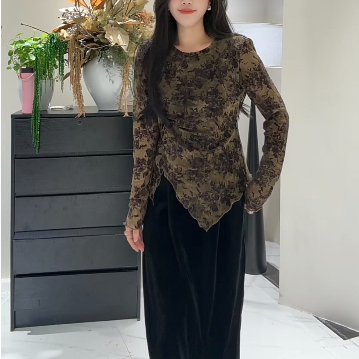 018复古扎染印花长袖打底衫t恤女新款早秋休闲洋气独特别致上衣