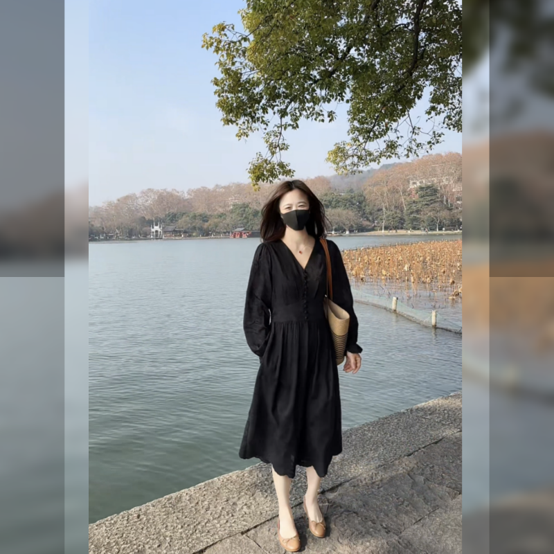 小个子新款重工刺绣连衣裙显瘦气质洋气轻奢时尚黑色法式002