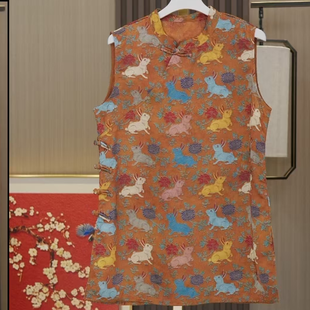 夏季新中式兔子国风立领盘扣印花旗袍衬衫女中长款无袖马甲背心裙