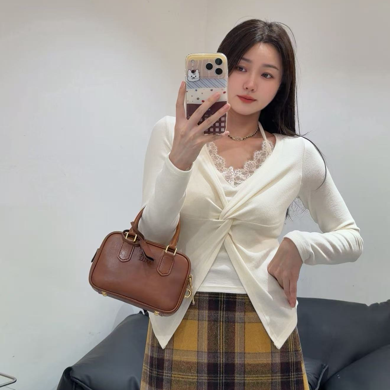 挂脖蕾丝假两件打底衫