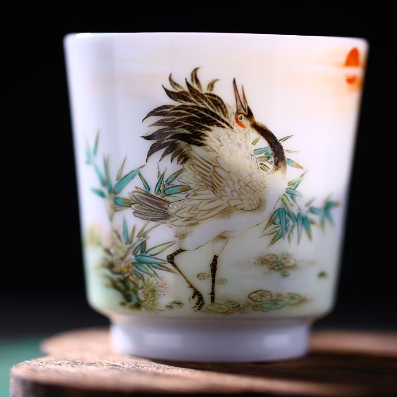 熊友根窑粉彩竹鹤直筒杯高档家用陶瓷纯手工主人杯手绘描金