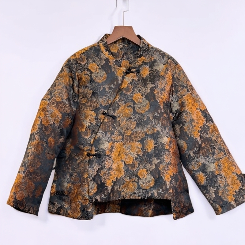 8221-金灿-花色宽松型长袖短外套立领复古印花提花
