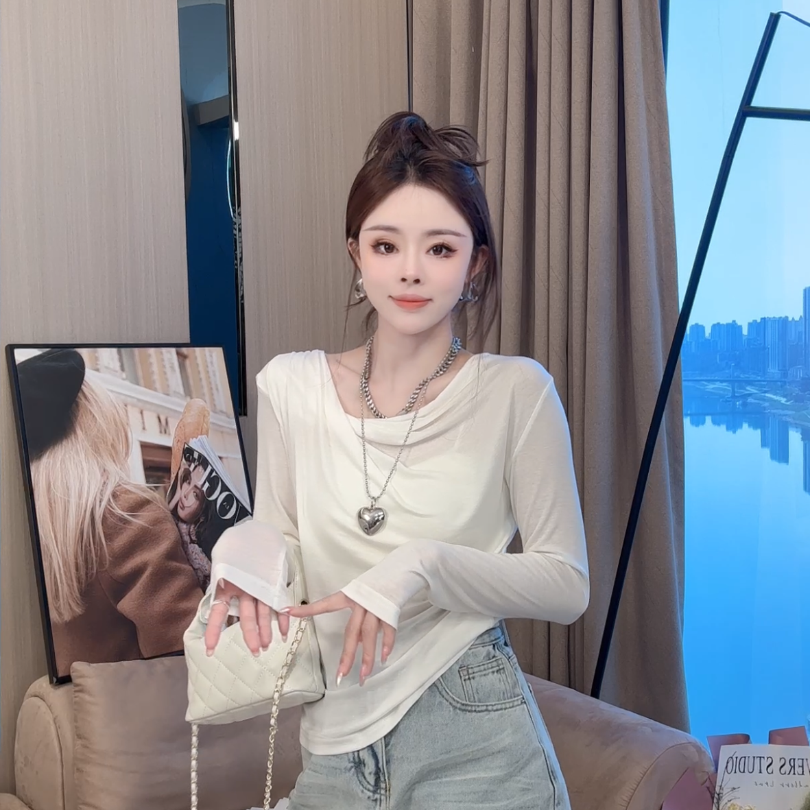 【晓溪服饰】夏季新款宽松型长袖常规不规则领立体装饰防晒罩衫6110