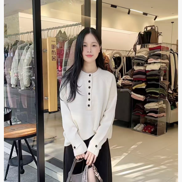 冬季半开纽扣设计感袖口圆领针织衫（毛衣容易起球掉毛介意勿拍）