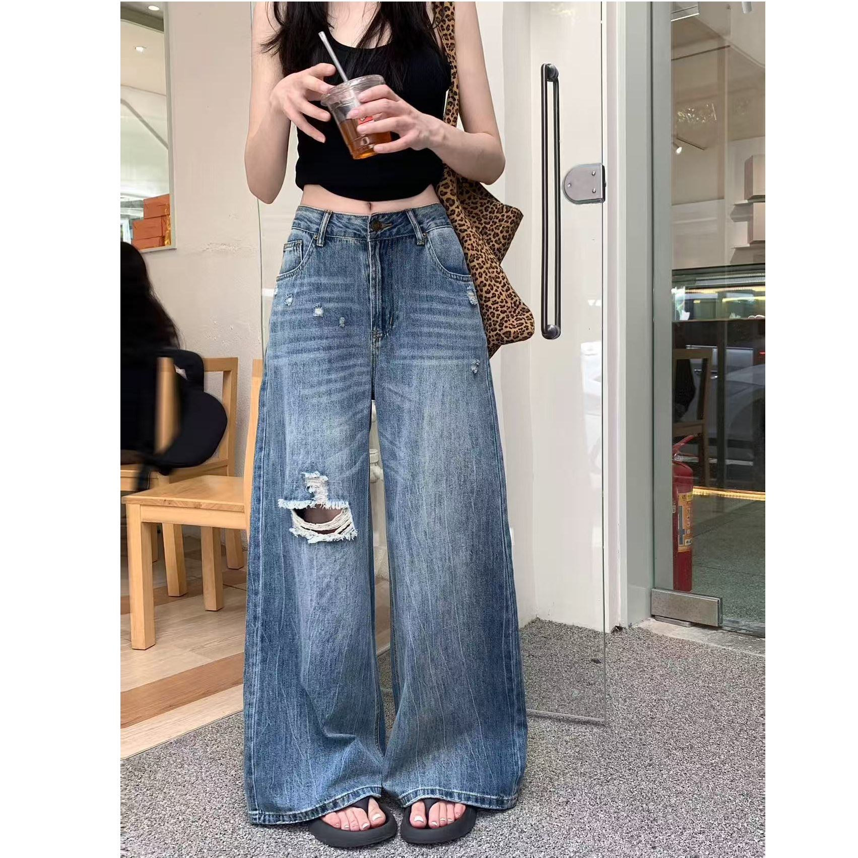 （免费试穿）破洞裤女加长复古蓝辣妹牛仔裤女高腰宽松垂感美式长裤