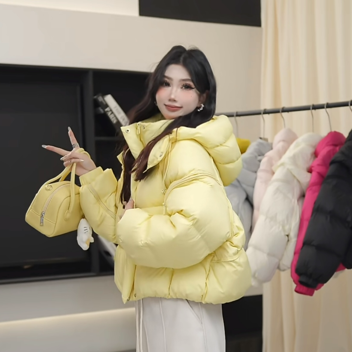 百搭短款拉链袖连帽休闲宽松小个子保暖羽绒服女加厚冬外套韩版