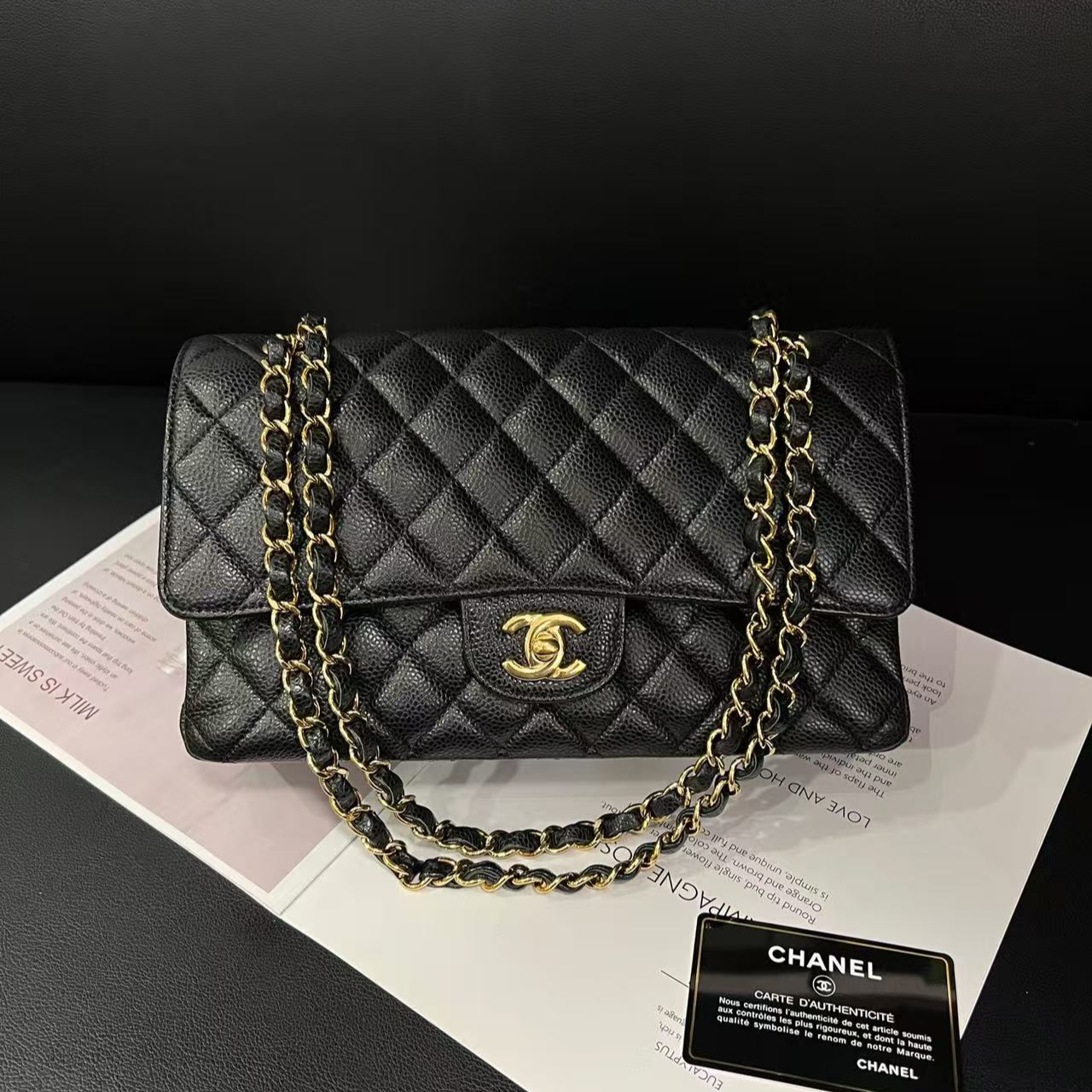 95新 Chanel/香奈儿 专柜89700黑金18年中号cf单肩包Y70寄卖服务