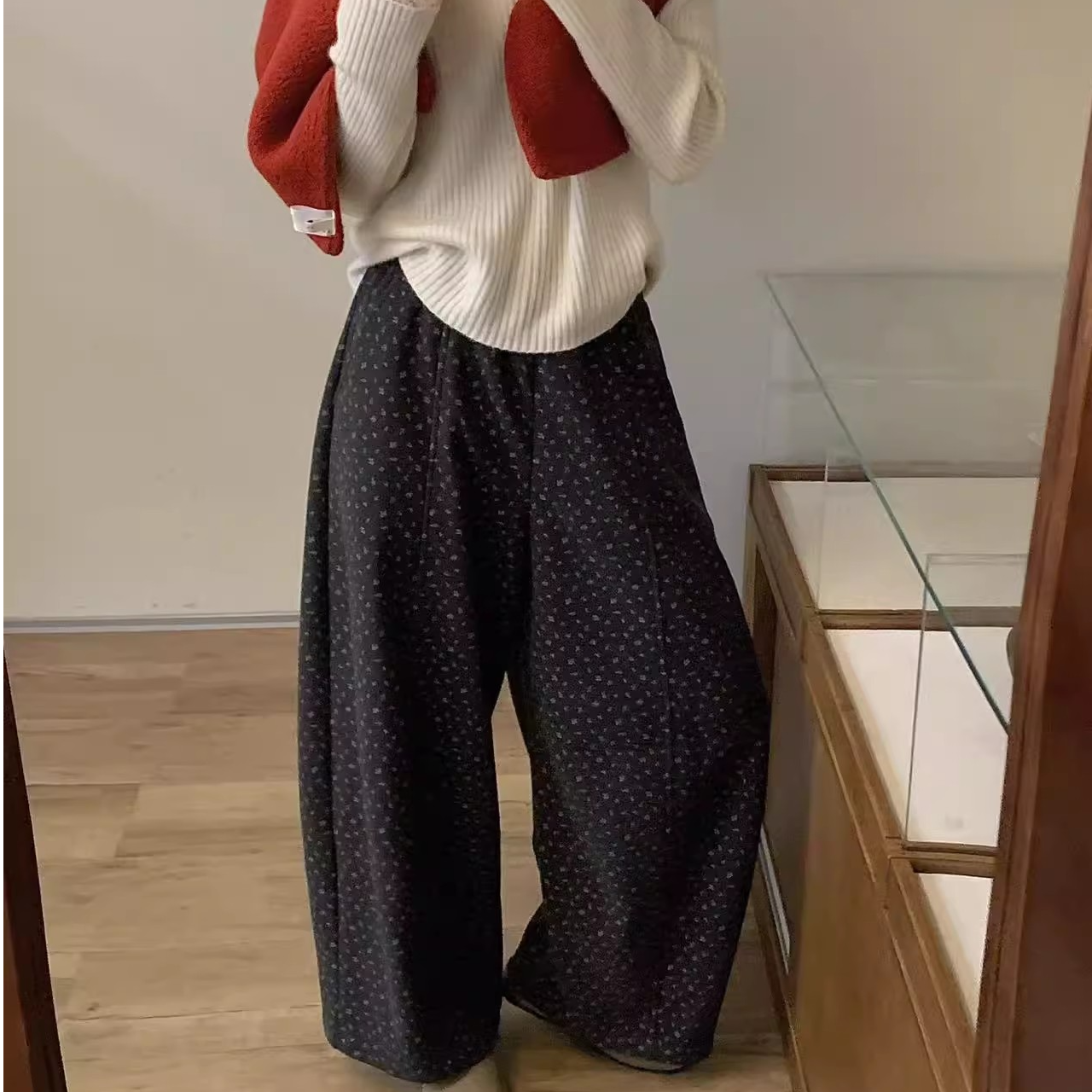 高端货~加绒加厚羊毛印花抓绒阔腿裤子秋冬松紧腰保暖宽松休闲裤