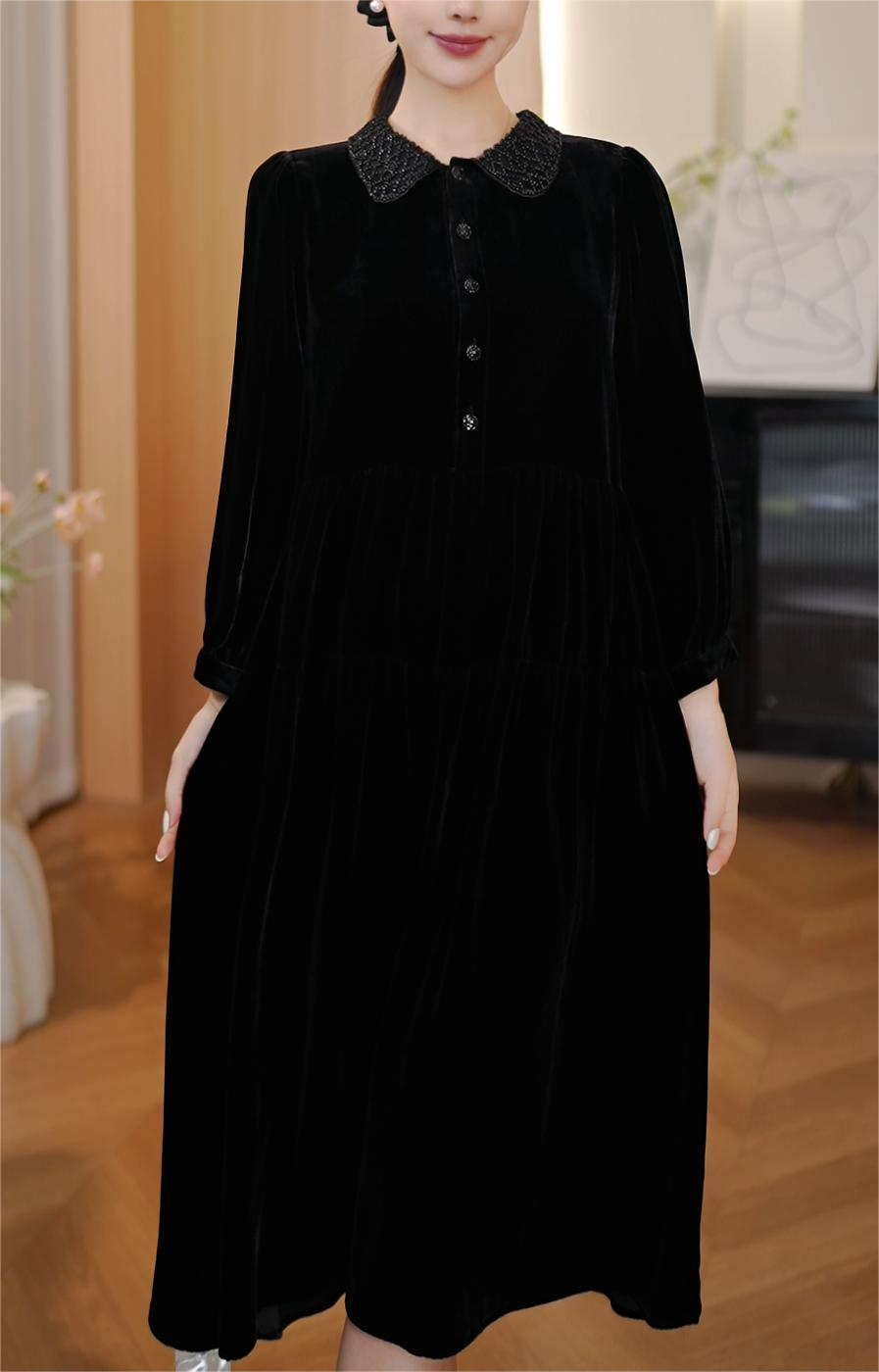 【DuShang】2025秋新款高级感百搭优雅翻领真丝丝绒连衣裙TG1468