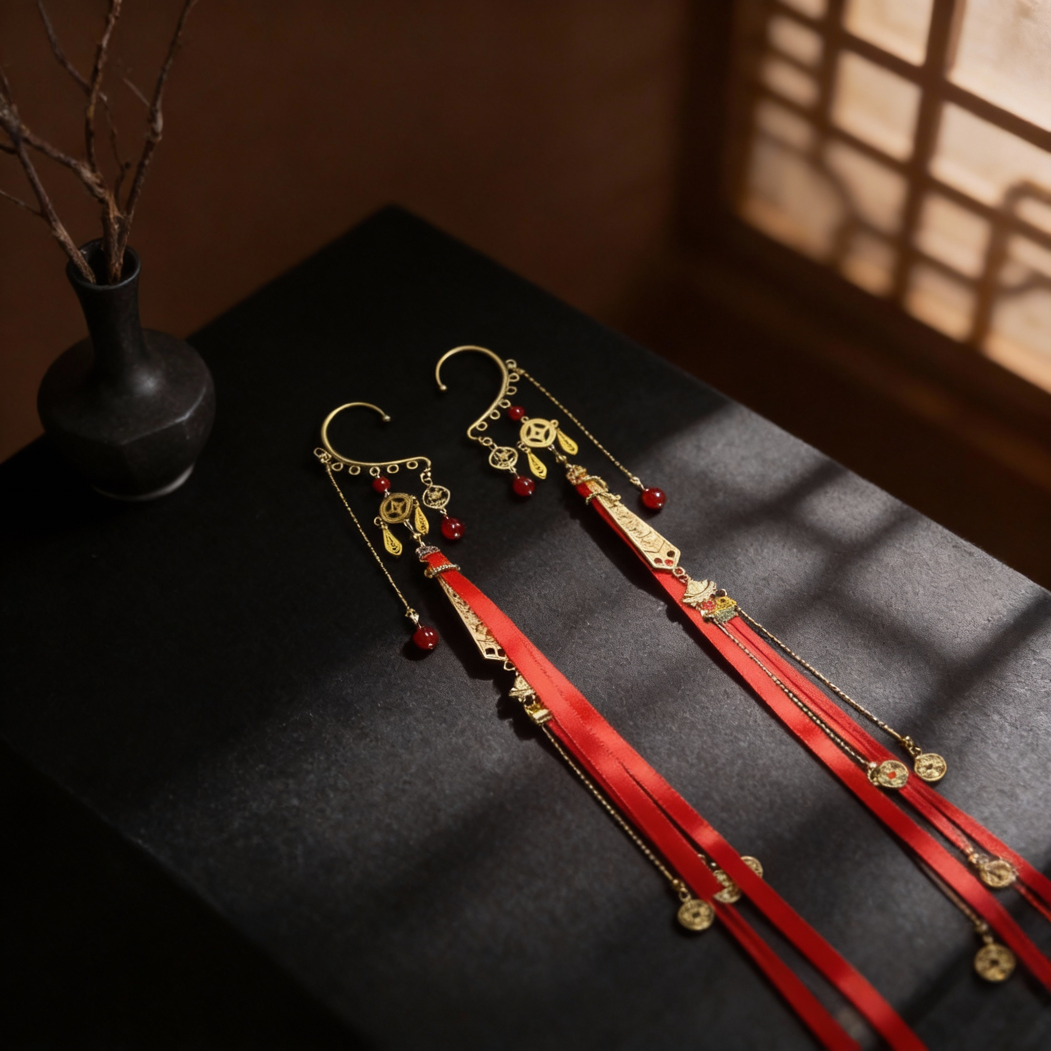 古风红色新年汉服衔财发夹耳挂长流苏新中式挂耳式拜年配饰品A407
