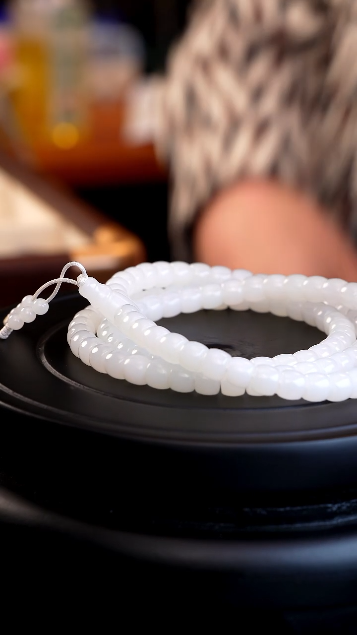 项链未镶嵌和田玉白玉老型珠108颗过眼过灯油润细腻长串项链