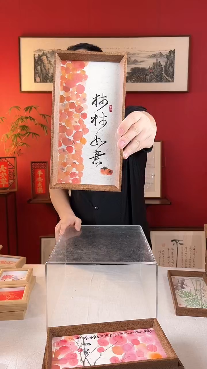 【闪购商品】国画柿柿如意14*27手绘国画摆台