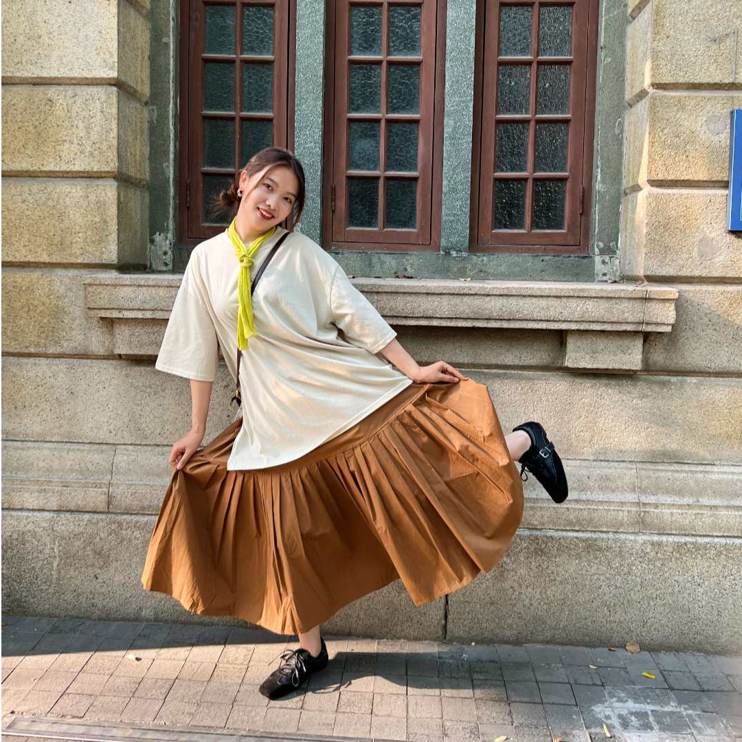 新款春夏复古百褶松紧裙子旅游出街衣服高腰时尚半身裙A字夏季