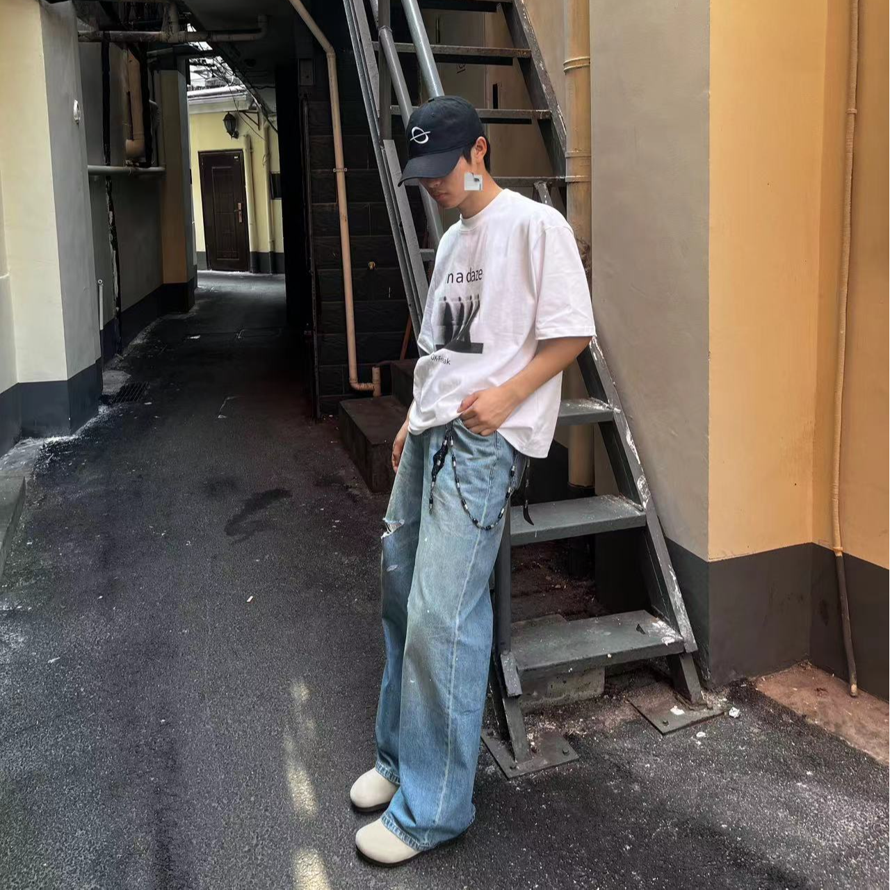 POS 2513蓝色泼墨刀割破坏割裂牛仔裤水洗蓝做旧