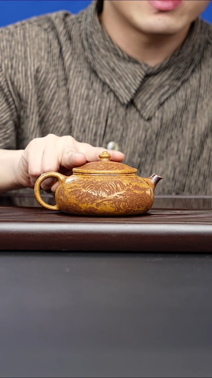 茶壶紫砂宜兴紫砂 山水牡丹寒江 龙骨金砂 曹营营