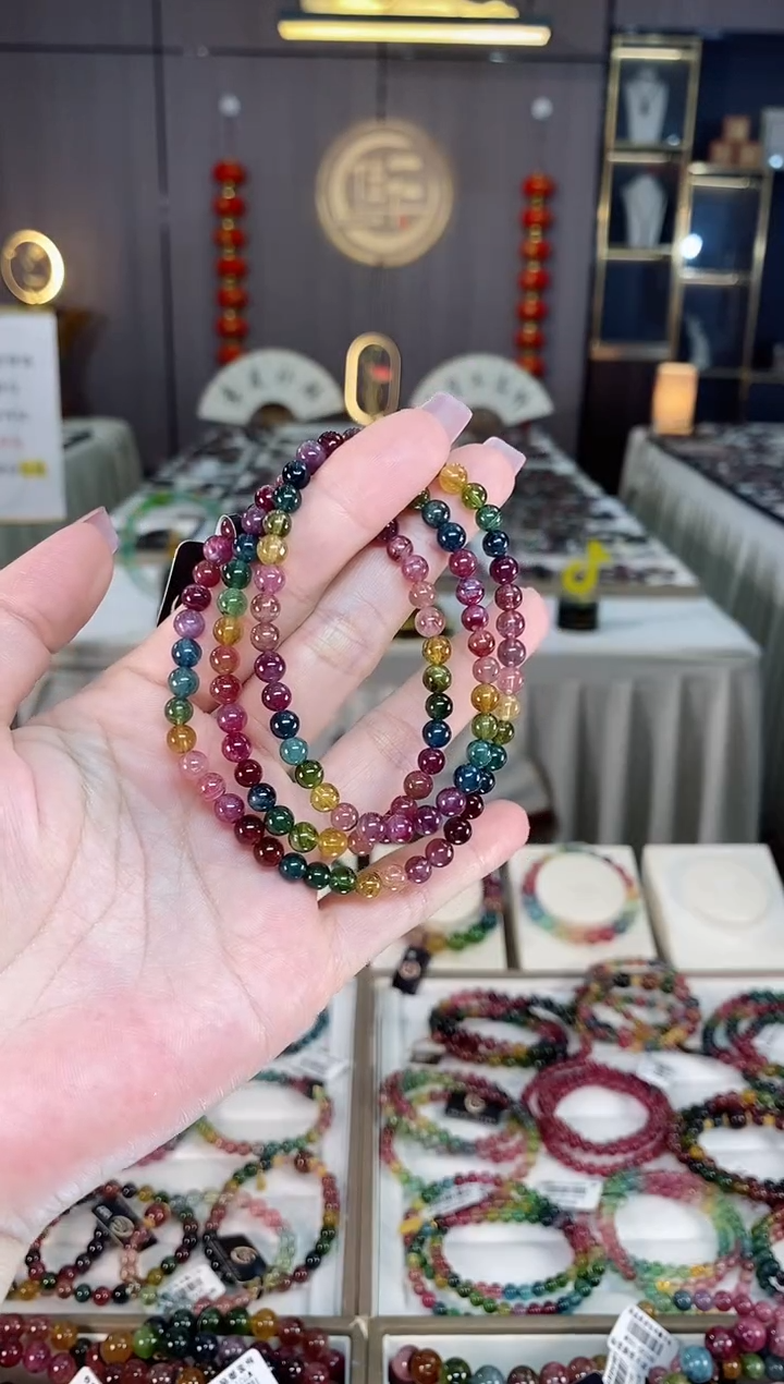 未镶嵌透体老矿碧玺彩虹三圈手串5mm+碧玺hon多样性发一条