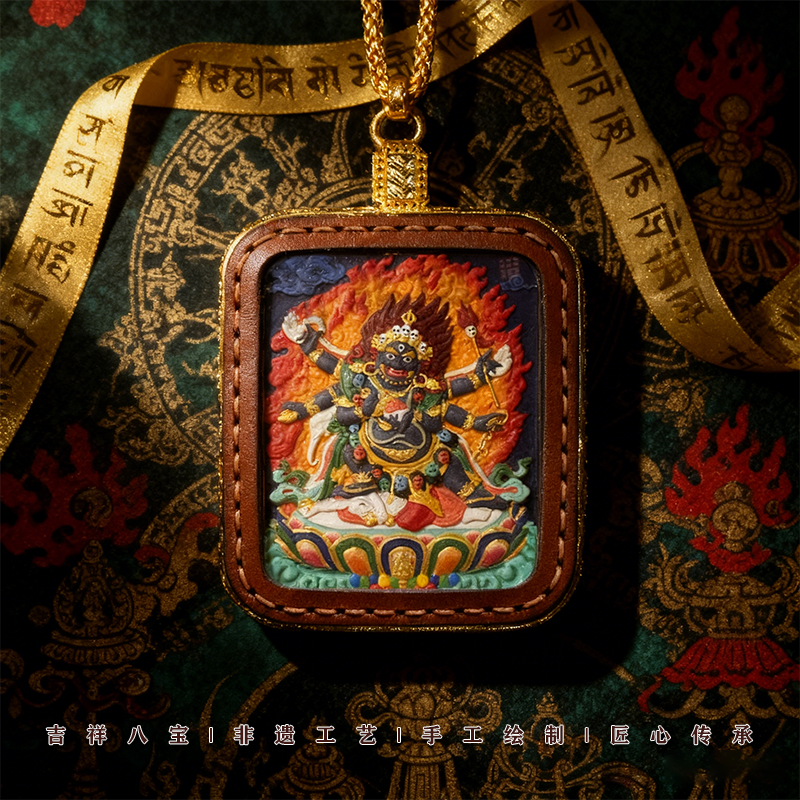 【七弟手绘六臂大黑天】吉祥八宝六臂玛哈嘎拉手绘唐卡立体双面皮壳