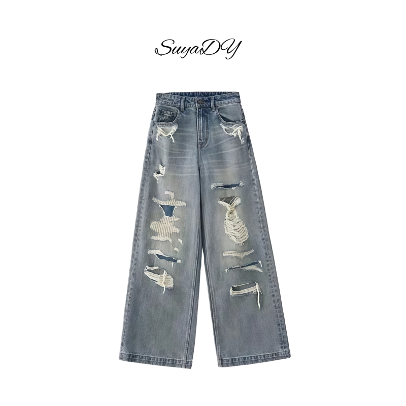 SuyaDY深圳南油小众设计师品牌直筒破洞宽松牛仔裤