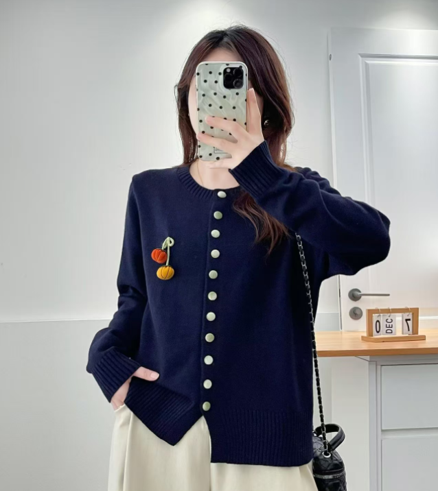 （717）2025春秋季新款时尚宽松显瘦圆领长袖针织衫休闲百搭打底衫