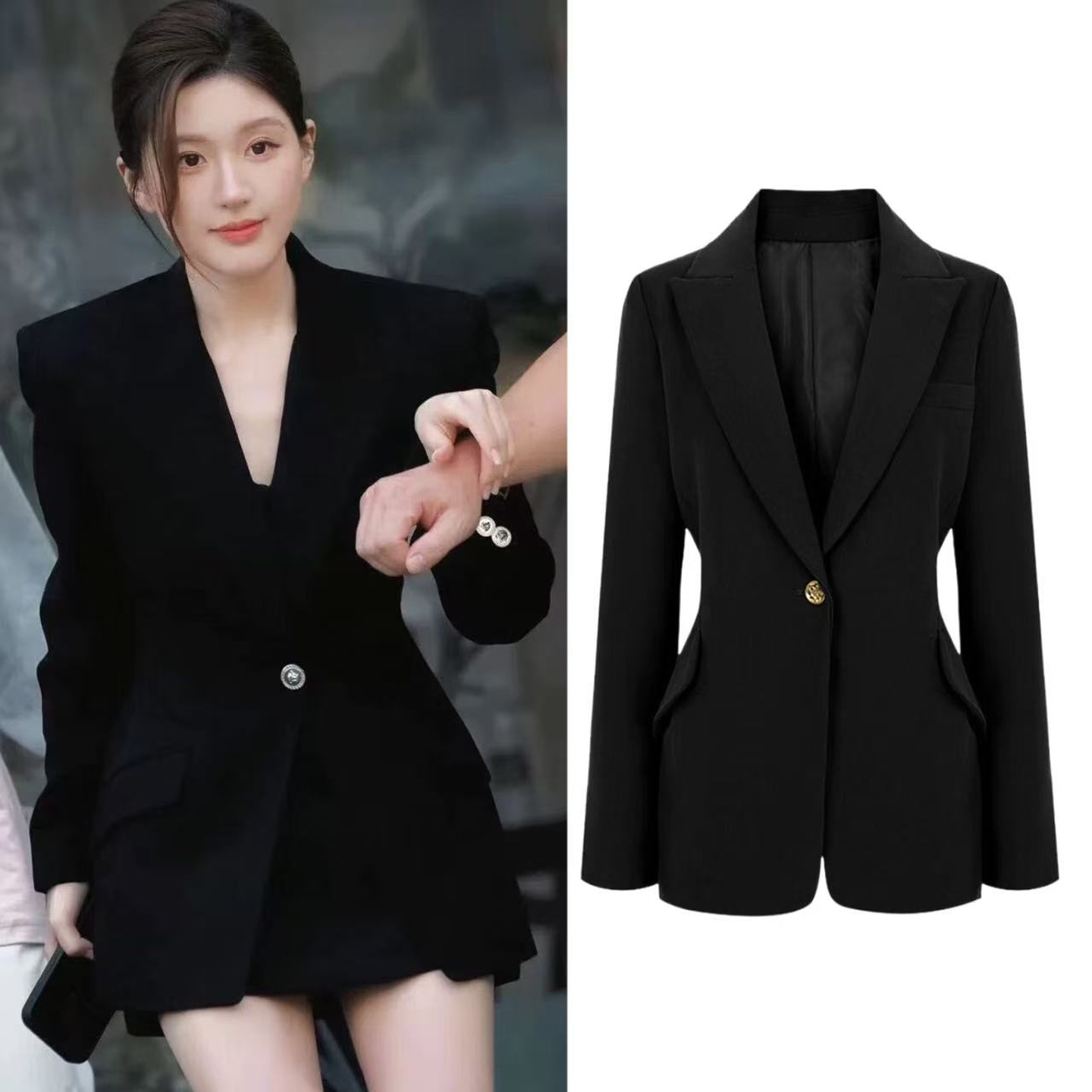 许我耀眼赵露思许妍同款黑色一粒扣高级感通勤掐腰显瘦西装外套女