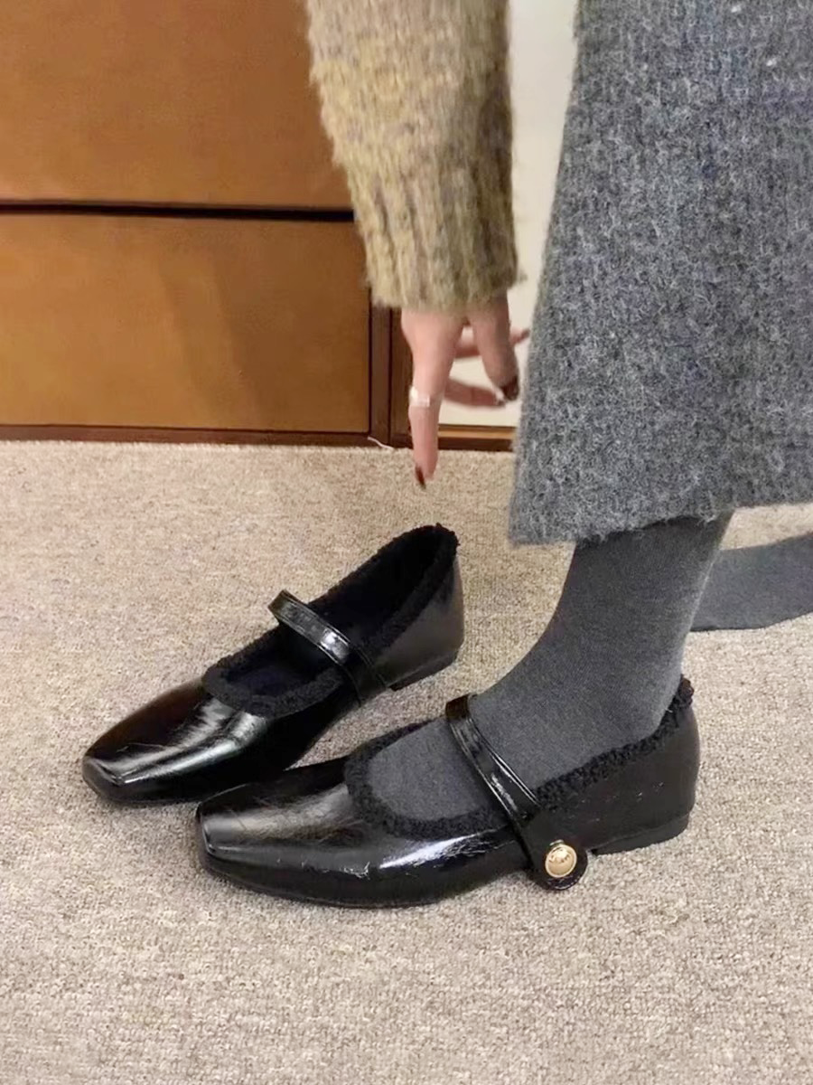 复古玛丽珍鞋女方头秋冬季加绒保暖毛毛棉鞋平底晚晚单鞋女