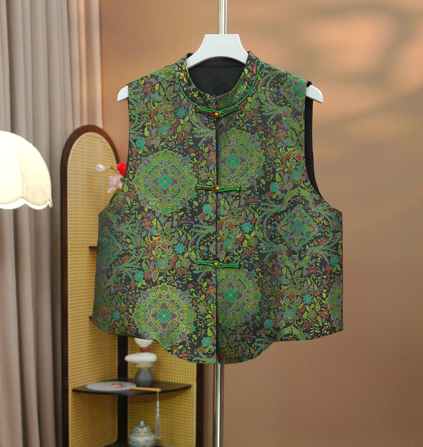 【凤凰于飞】新中式圆领重磅真丝宋锦提花小立领马甲国风背心坎肩女