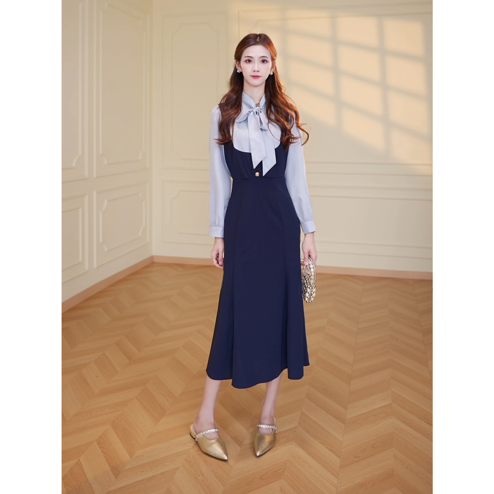 【南油四姐】A春秋款飘带设计感假两件气质显瘦鱼尾连衣裙女D3478