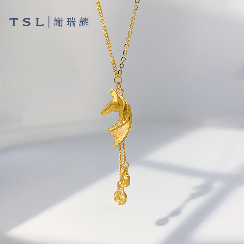 TSL/谢瑞麟计价足金马上有钱流苏AB链款套链黄金马头流苏时尚项链
