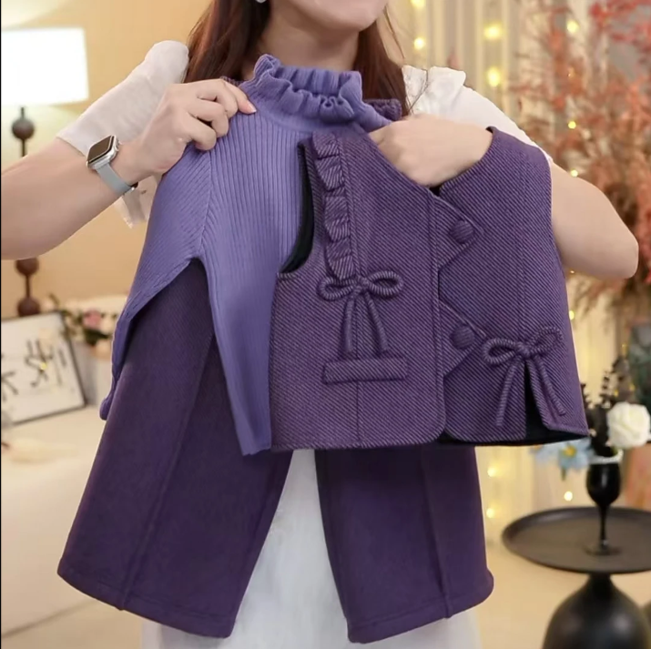 T3【悦禾】儿童萌娃冬装时尚蝴蝶结紫色女童加厚洋气裤子套装6663