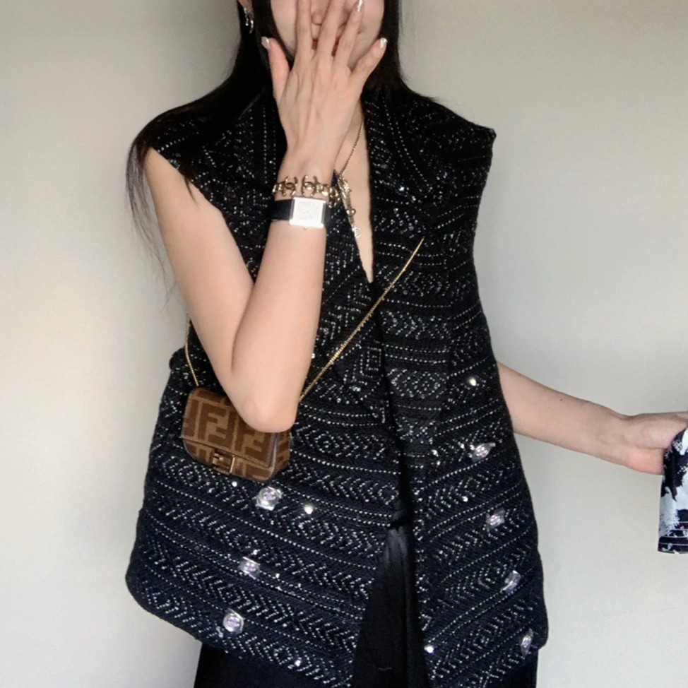 99新 Chanel/香奈儿 38码23A黑色亮片马甲，外套