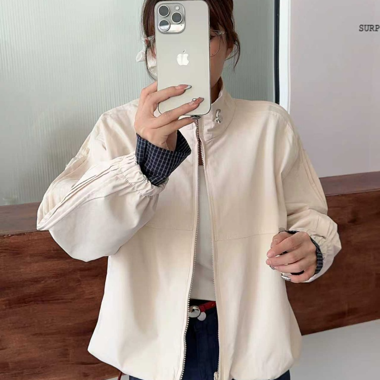 韩版拼接袖立领夹克百搭宽松休闲外套女秋季夹克上衣-FQ218