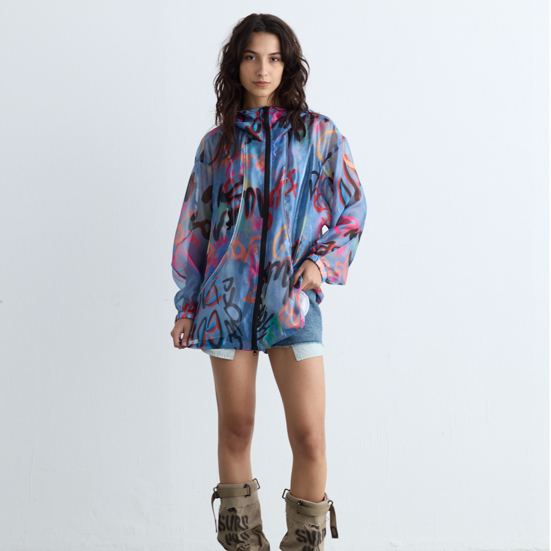 25N早春新款美式街头运动休闲涂鸦潮流薄款中长款连帽外套-151260