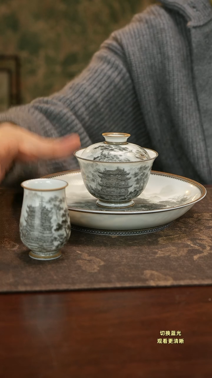 瓷星?手绘墨彩滕王阁三件套