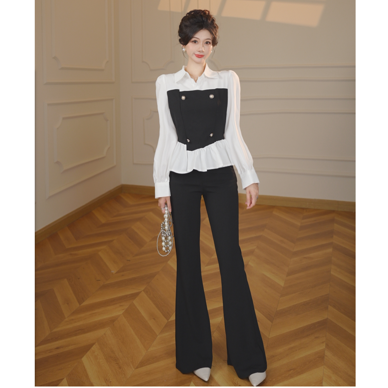 【张小小】【两件套】穿搭喇叭裤两件套女2025新款时尚衬衫套装D0496