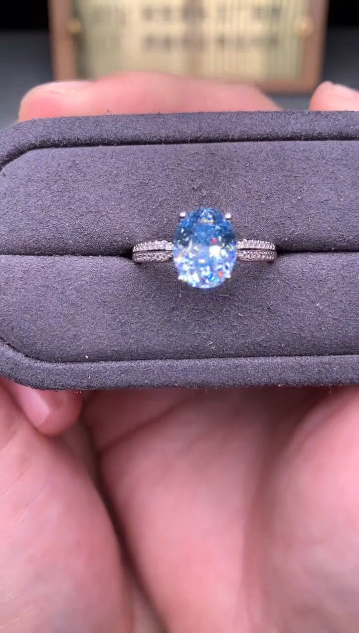 银S925镶嵌戒指海蓝宝石2222