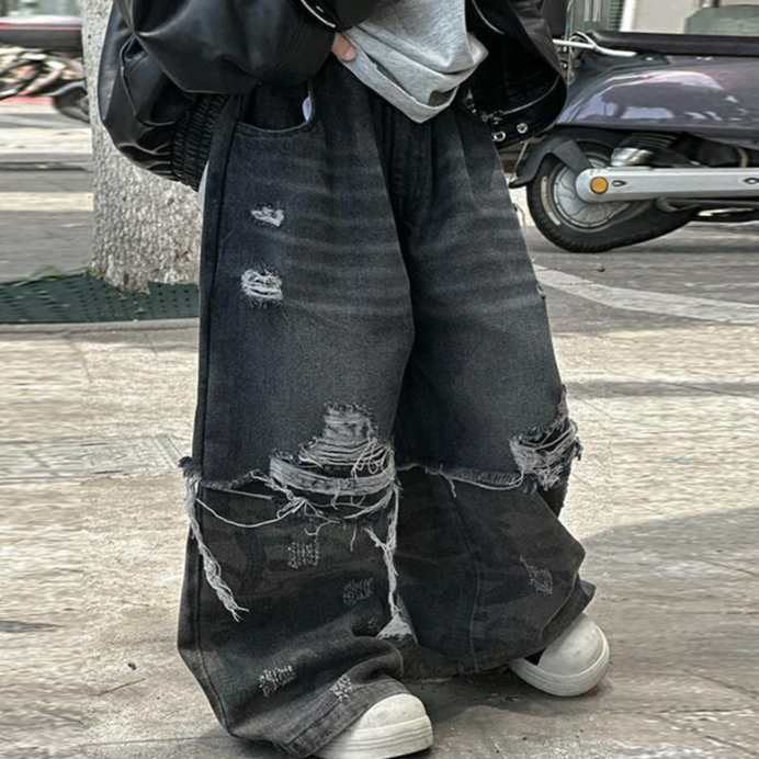 麦哟哟男童秋季牛仔裤美式直筒阔腿高街复古做旧街头破洞潮流宽松