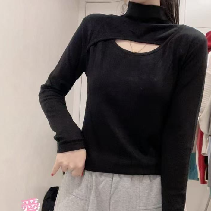 8838半高领镂空修身百搭内搭显瘦时尚不规则T恤长袖