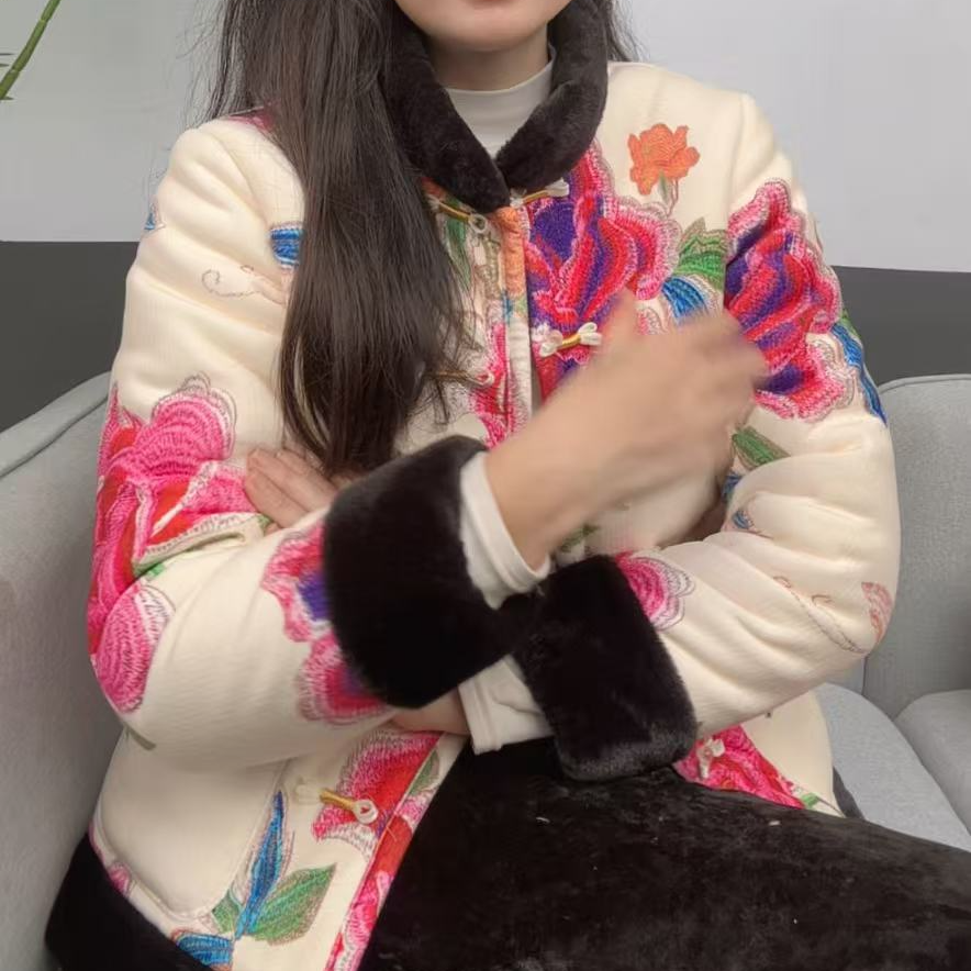 冬季加厚新中式国风花棉袄德芙绒舒适柔软小花袄加绒御寒一件过冬