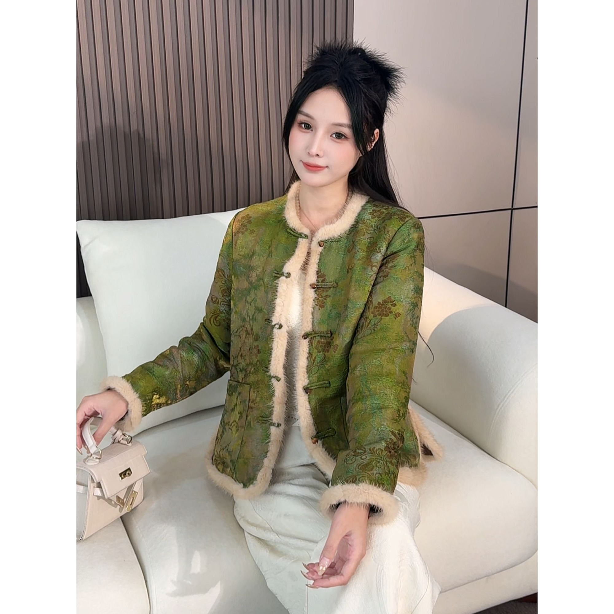 山水画中国风国潮宽松型新中式厚款提花棉服中式默认厚度