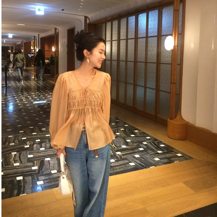 高端货~夏日琉光感莱赛尔天丝抽褶系带V领小衬衫气质长袖上衣