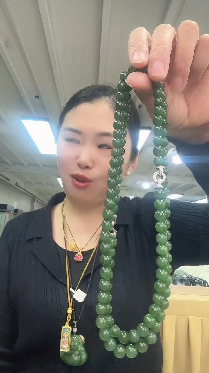 项链未镶嵌和田玉（碧玉）和田玉碧玉108颗珠链-卡8mm