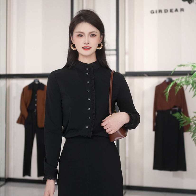 GIRDEAR/哥弟法式气质宫廷风木耳边立领轻职场纯色衬衫1300936