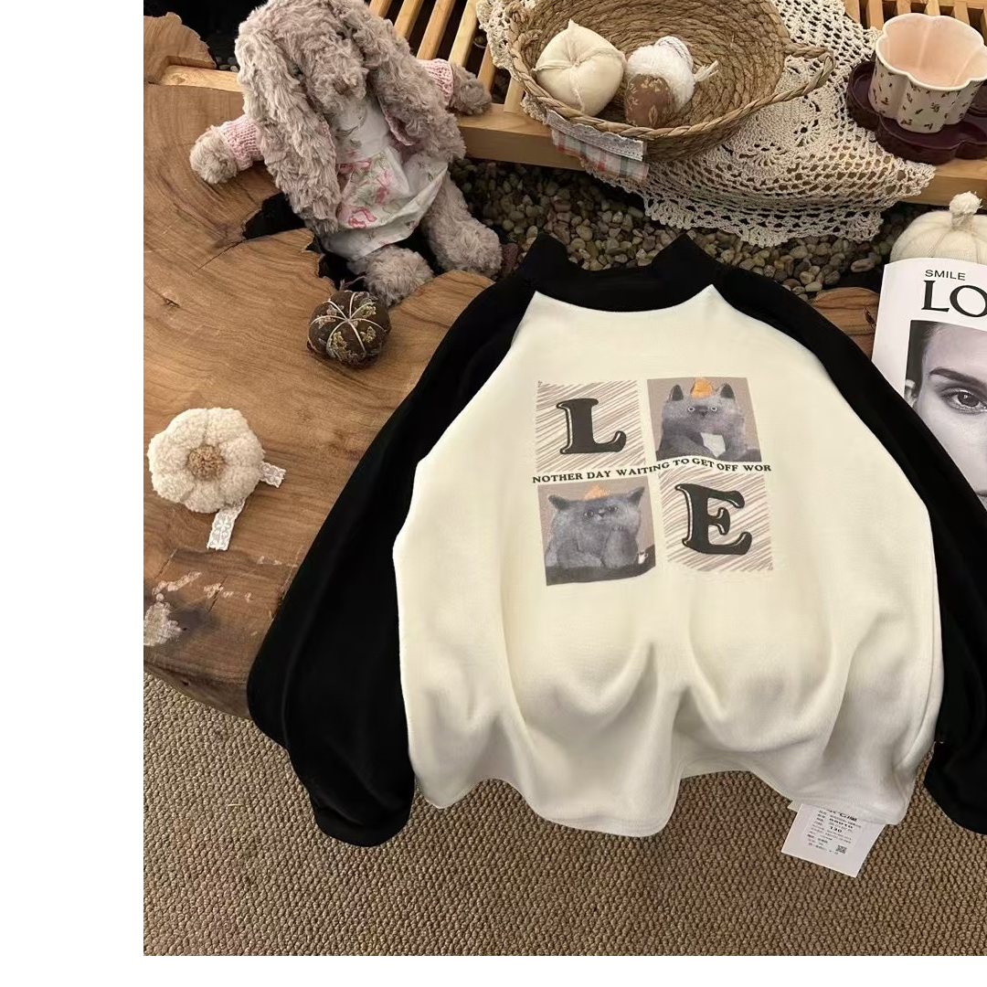 CQL 2024秋季新款数码印猫咪擦肩长袖T恤 88010