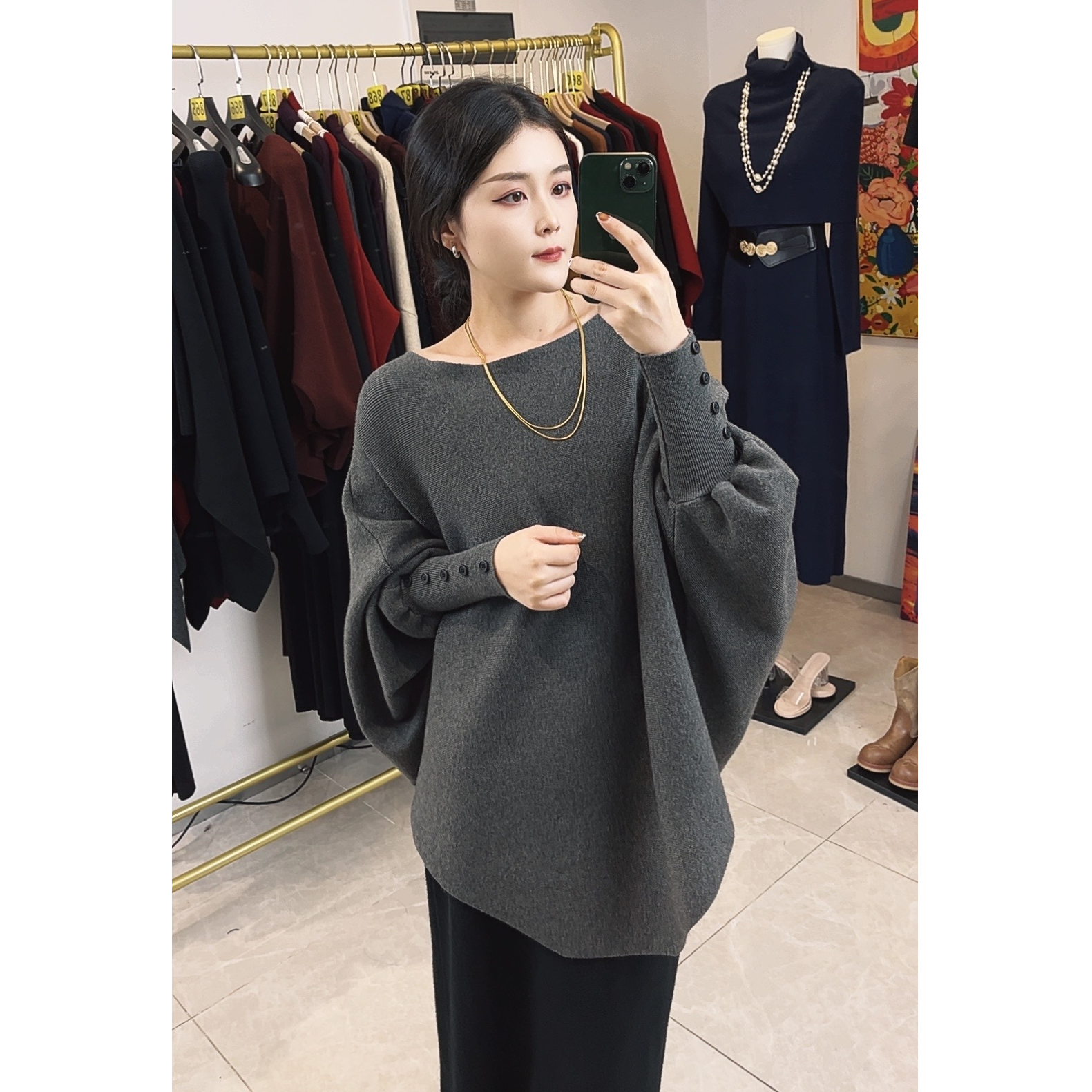 G.M秋季蝙蝠袖斗篷气质显瘦针织套装#22390