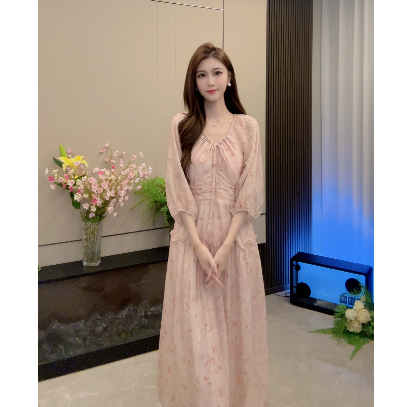 季末清仓 粉色印花连衣裙收腰显瘦碎花七分袖法式长裙