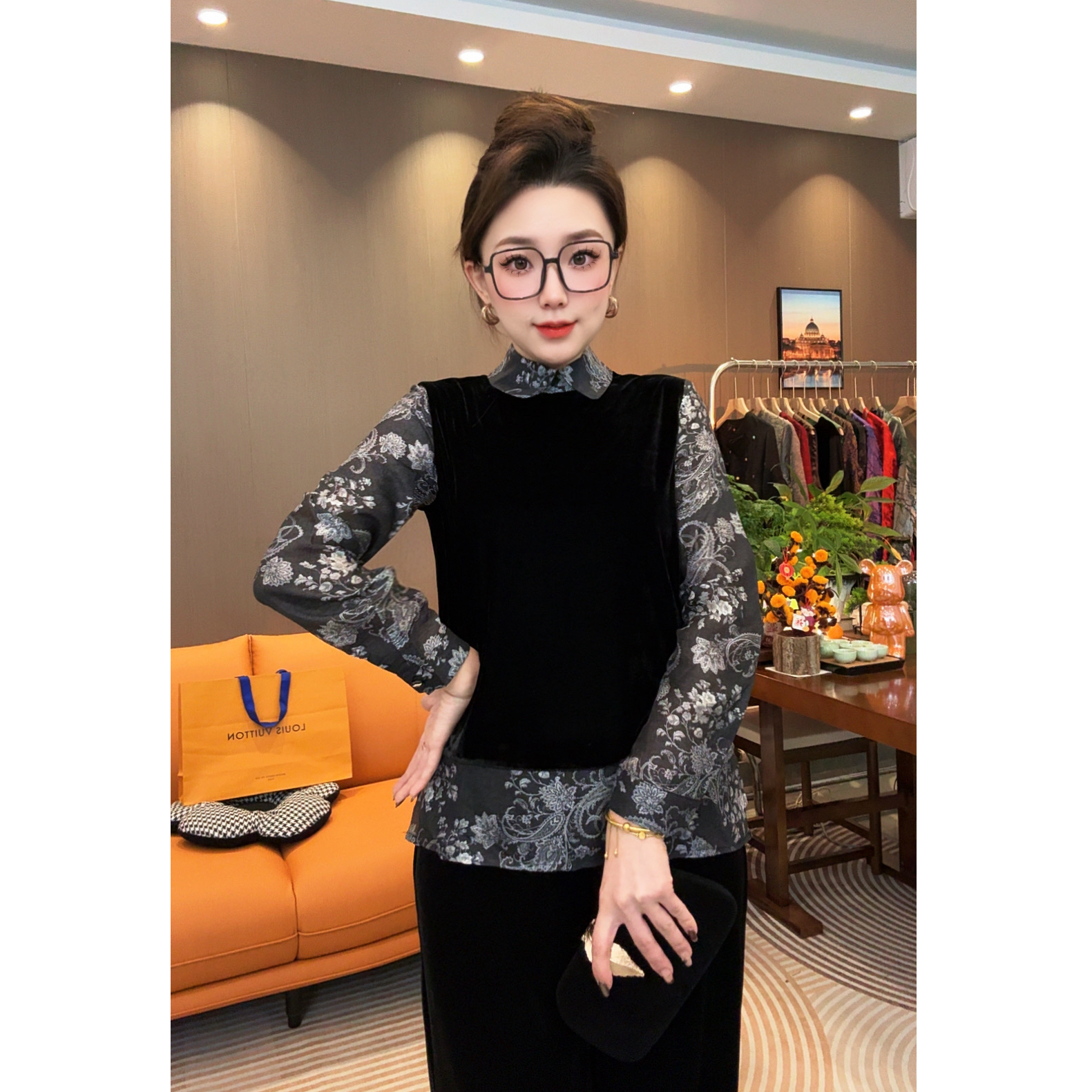 【DT】秋冬新款时尚拼撞假两件丝绒拼接提花气质衬衫