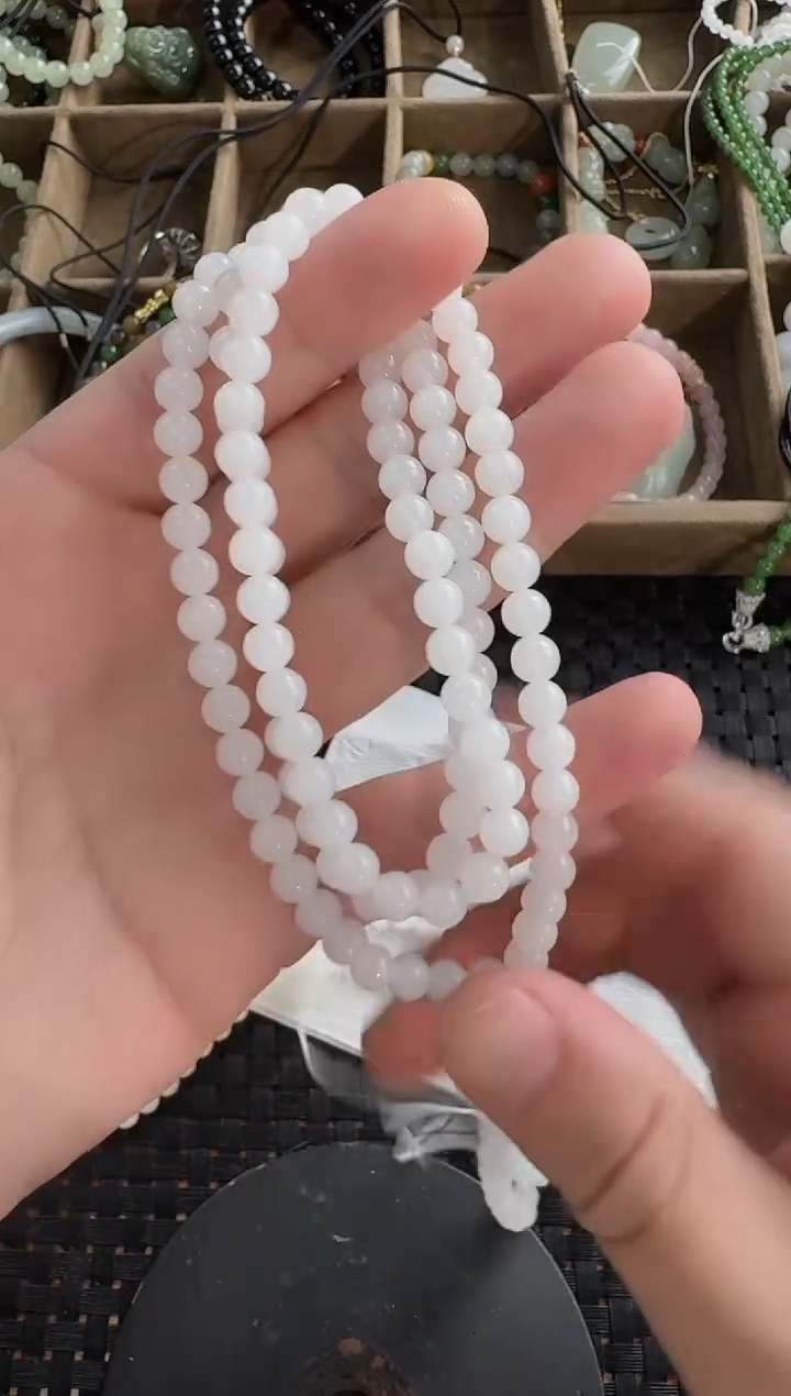 和田玉未镶嵌颈饰6mm白玉108长链