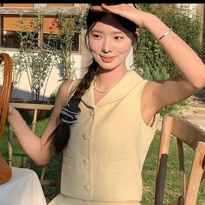 法式小香风套装女2025年春夏翻领无袖马甲高腰半身裙